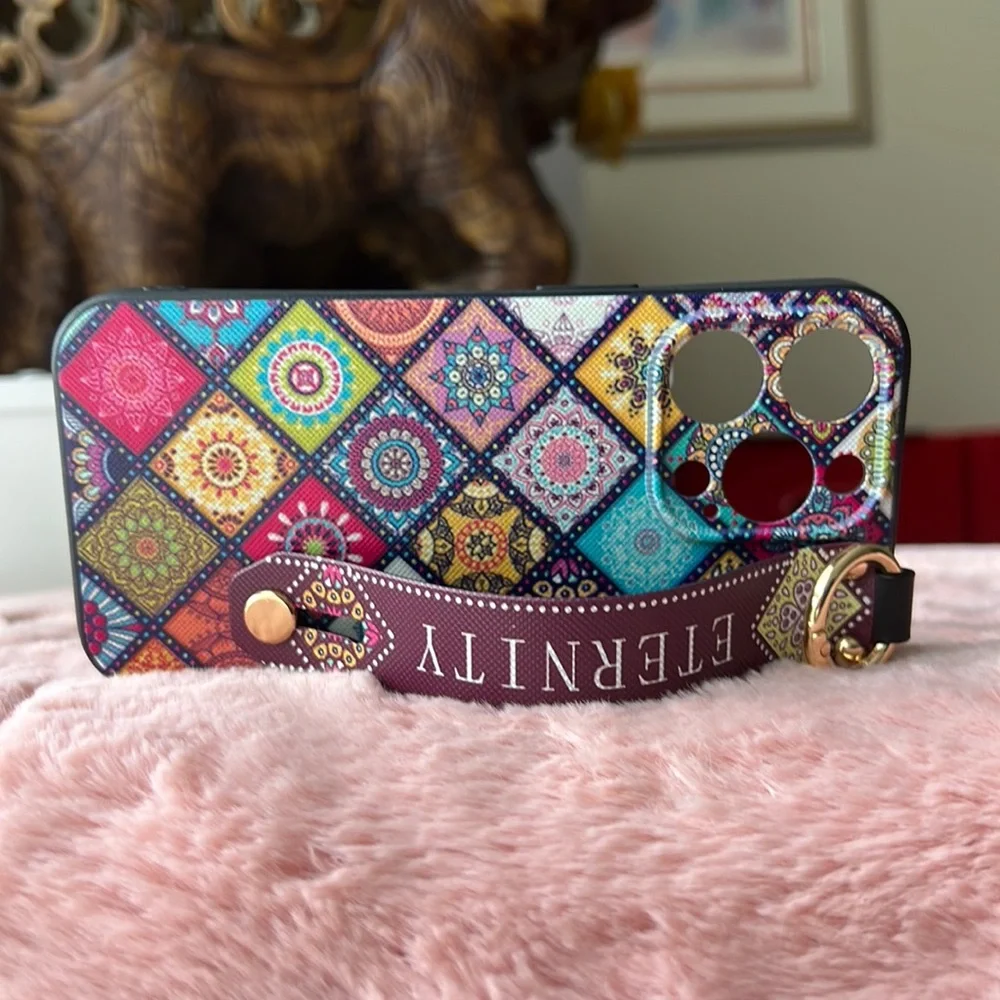 For iPhone 14,14 pro phone case with wrist strap kickstand keychain ring